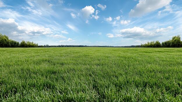 A field with green grass and trees under a blue sky photo