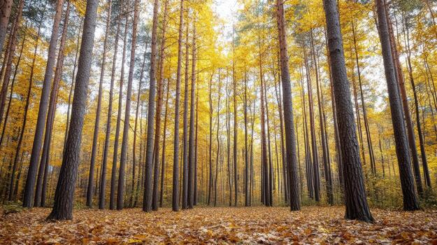 Autumn forest with yellow leaves and tall trees photo