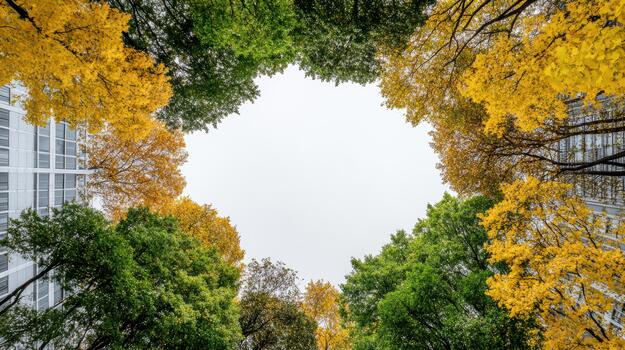 Autumn trees in the city, view from above photo
