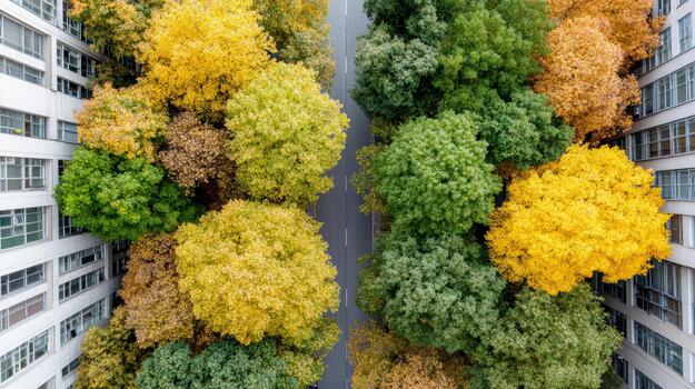 Top view of trees in autumn in city photo