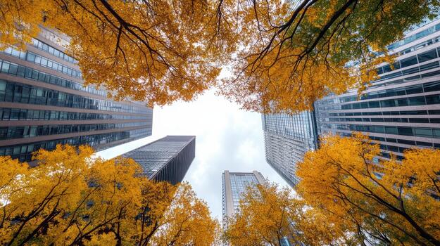 Tall buildings with yellow trees in the foreground photo