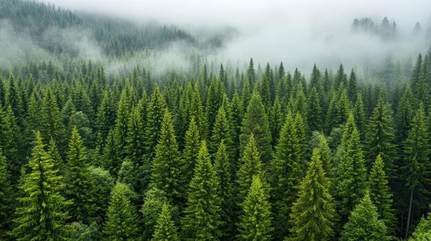 A forest with many trees and fog photo