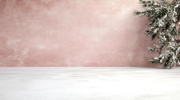 Christmas tree in front of pink wall with snow photo
