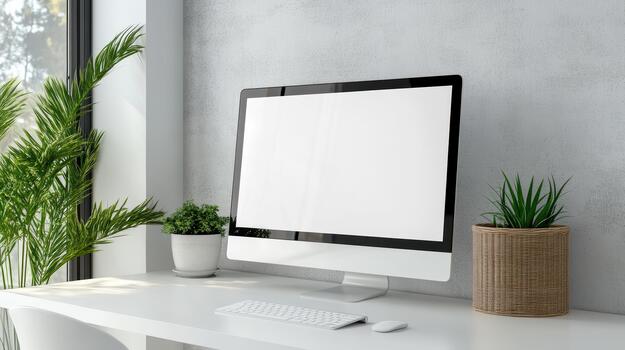 White desk with computer monitor and plant photo
