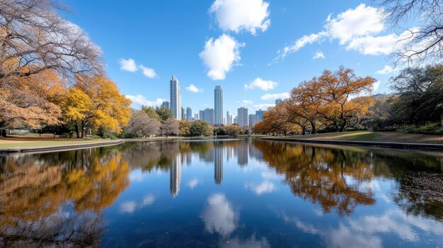 A lake in central park with trees and buildings reflected in it photo