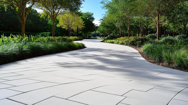 A paved walkway with trees and shrubs in the background photo