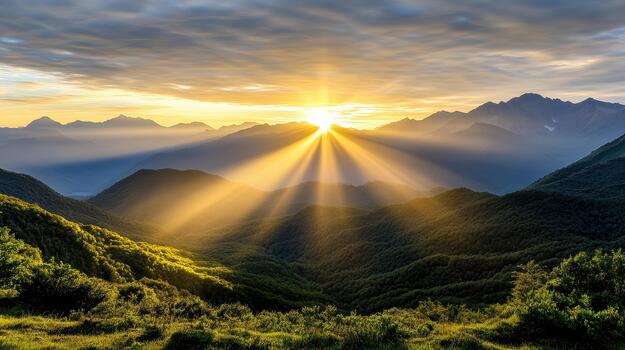 Sunrise over mountains with sun rays shining through photo