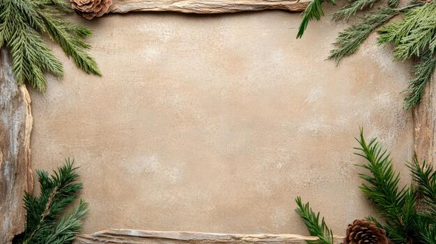 Christmas frame with pine cones and fir branches on a beige background photo