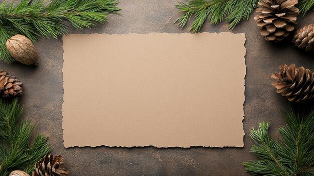A piece of paper with pine cones and fir branches on a dark background photo