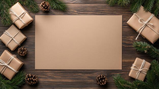 Christmas tree and presents on wooden table top view photo