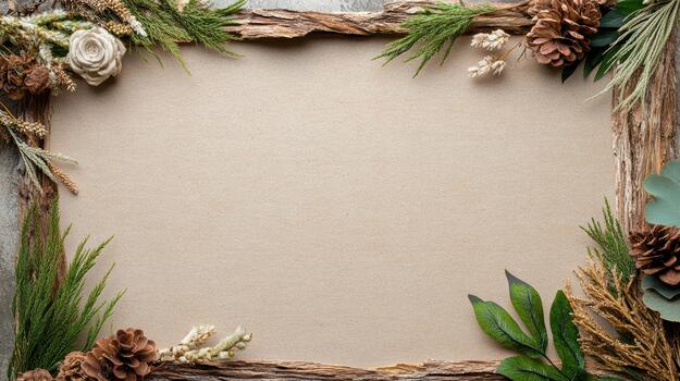 A frame with pine cones and flowers on a wooden background photo