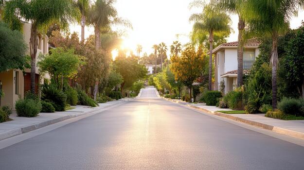 A street lined with palm trees and houses photo