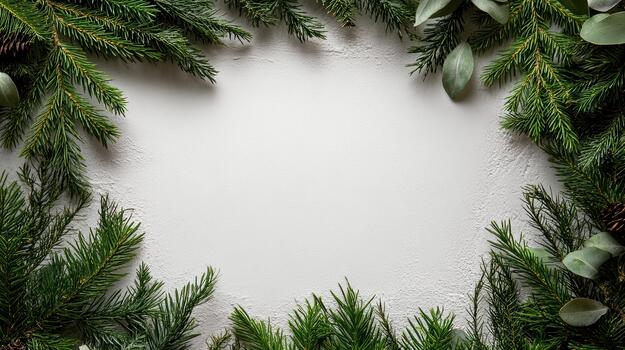 Christmas wreath frame with eucalyptus branches and pine cones on white background photo
