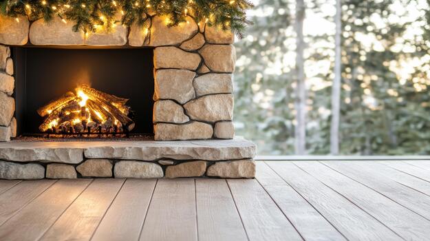 A fireplace with a christmas tree and a fire photo
