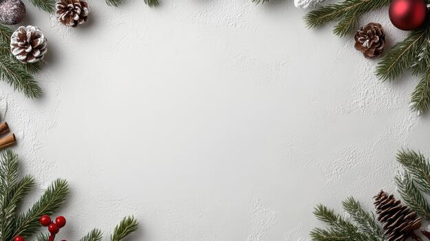 Christmas wreath frame with fir branches and decorations on white background photo