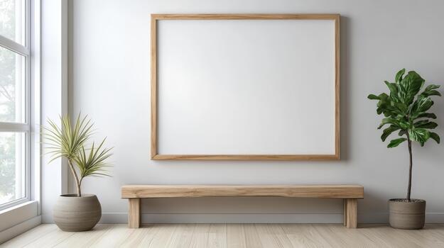 A blank frame sits on a wall next to a bench photo