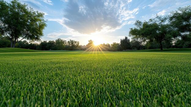A beautiful green grass field with the sun setting behind it photo