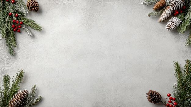 Christmas frame with fir branches and berries on a concrete background photo