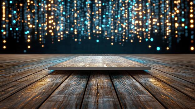An empty wooden table in front of a glowing light photo