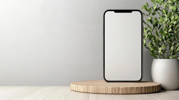 Mockup of smartphone on wooden stand with potted plant on grey background 3d rendering photo