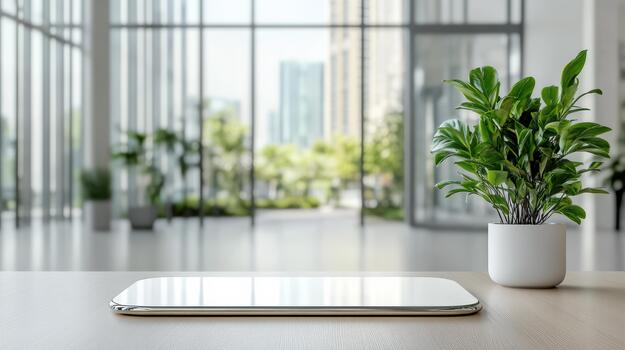 Table with laptop and plant on wooden table in front of large windows photo