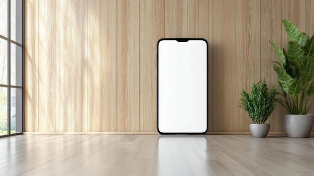 Mockup smartphone on wooden floor with potted plant in the corner 3d rendering photo