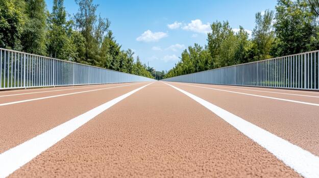 A running track with white lines and trees in the background photo