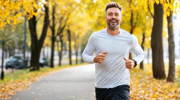 A man is running in the park in the fall photo