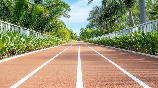 corriendo pista en el parque con palma arboles foto