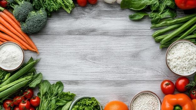 Fresh vegetables and fruits arranged in a circle on a wooden table photo