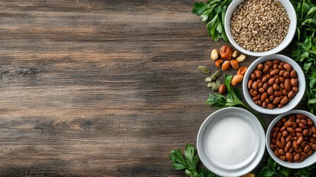 Top view of different types of nuts and seeds on wooden table photo