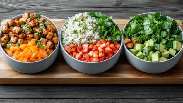 Three bowls filled with different types of food photo