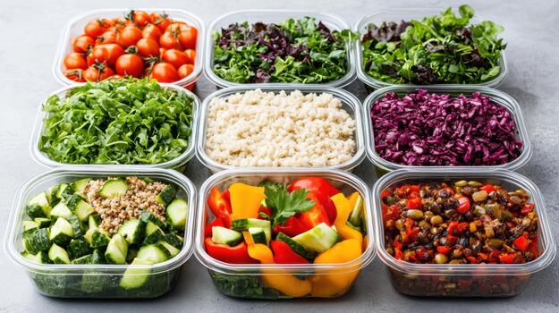 A variety of different types of vegetables in plastic containers photo