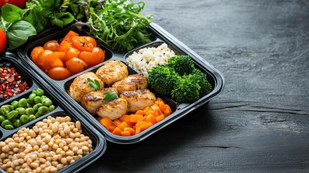 A meal in a plastic container with vegetables, chicken, and rice photo