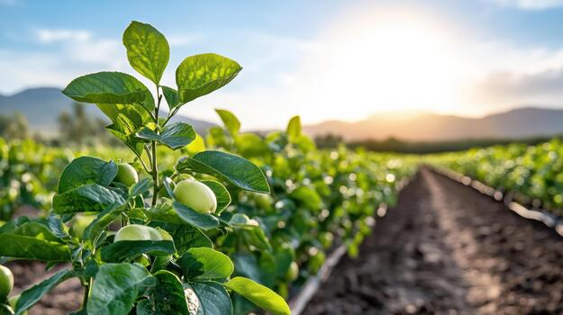 un campo con verde plantas y Fruta arboles foto