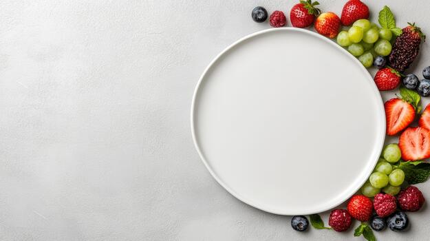 Fresh fruits and berries arranged on a white plate photo