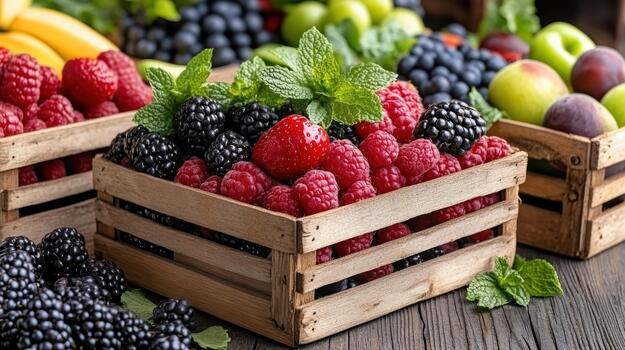 Fresh fruits in wooden crates on a wooden table photo