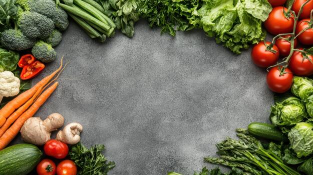 Fresh vegetables and fruits arranged in a circle on a gray background photo