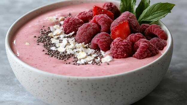 A bowl of smoothie with raspberries and chia seeds photo