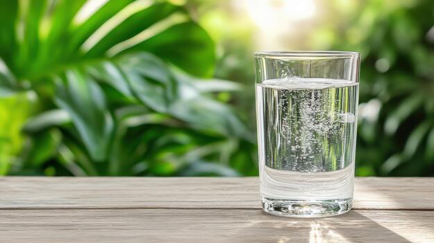 A glass of water on a table in front of green plants photo