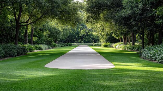 A long paved path surrounded by trees and bushes photo