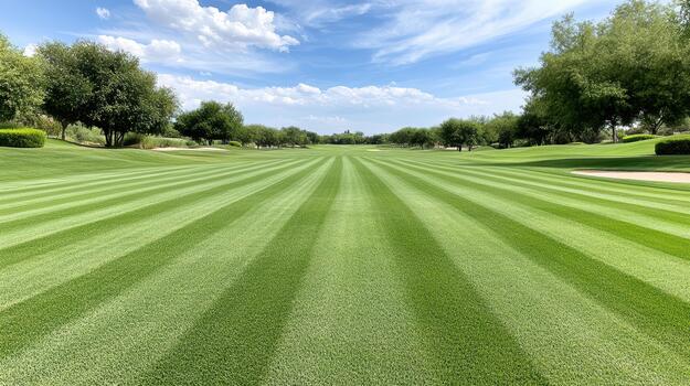 A golf course with green grass and trees photo
