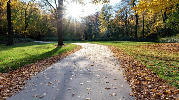 A pathway in a park with trees and leaves photo