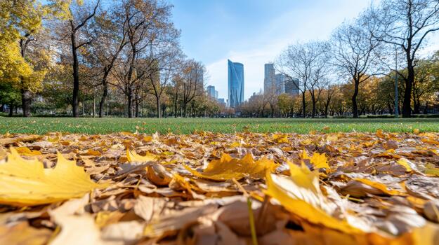 Autumn leaves on the ground in a park with buildings in the background photo