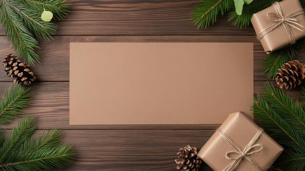 Christmas tree branches and gifts on wooden table top view photo