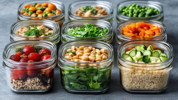 A variety of different types of food in glass jars photo