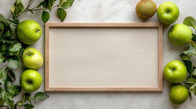 Green apples and a wooden frame on a white background photo