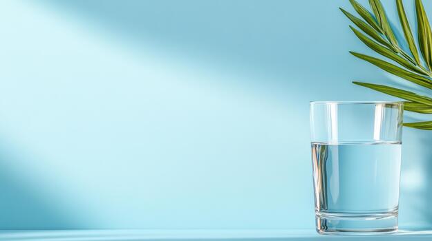 A glass of water and a palm tree on a blue background photo