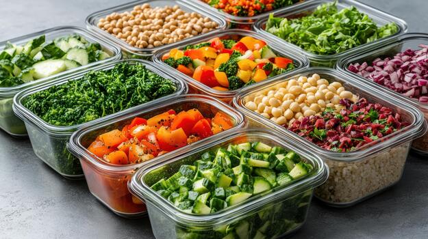 A variety of different types of vegetables are in plastic containers photo