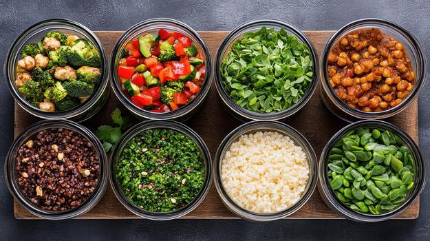 A variety of different types of vegetables are in bowls photo